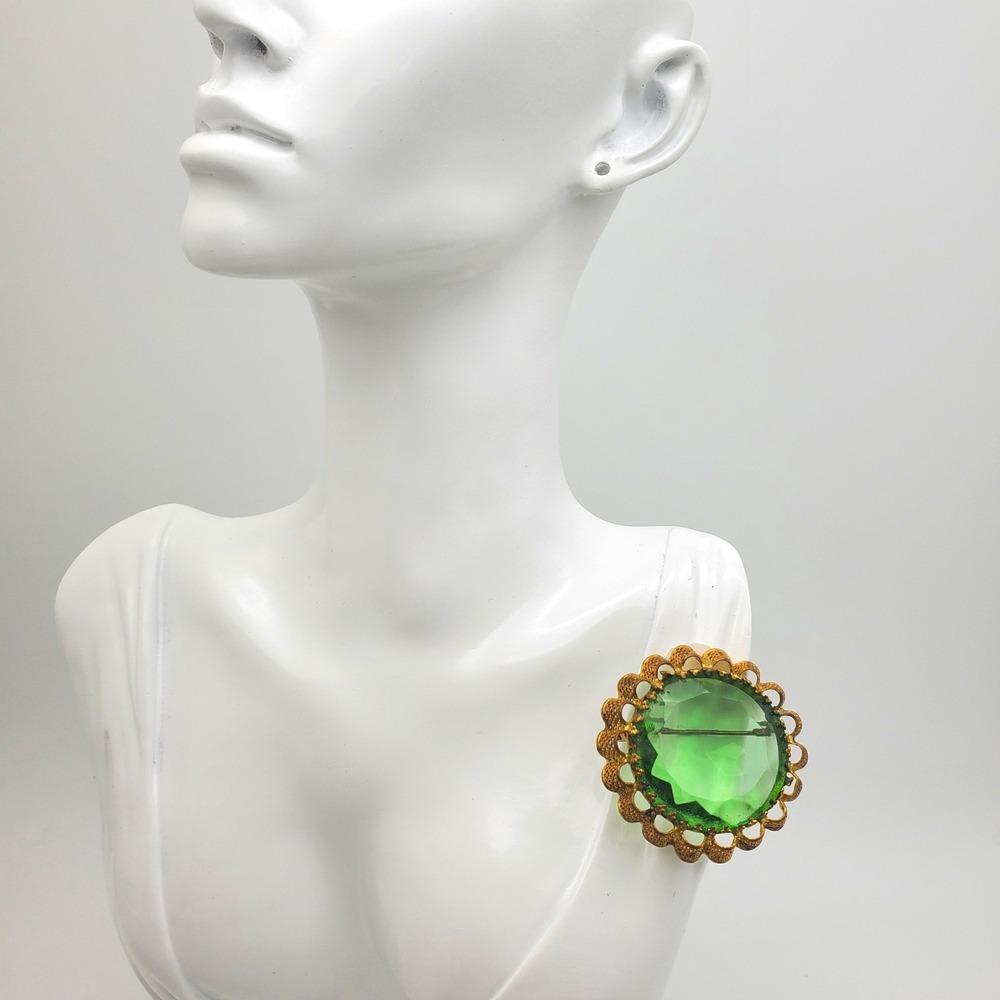 West Germany Brooch Emerald Green Faceted Glass Gold Filigree Pin Mid Century